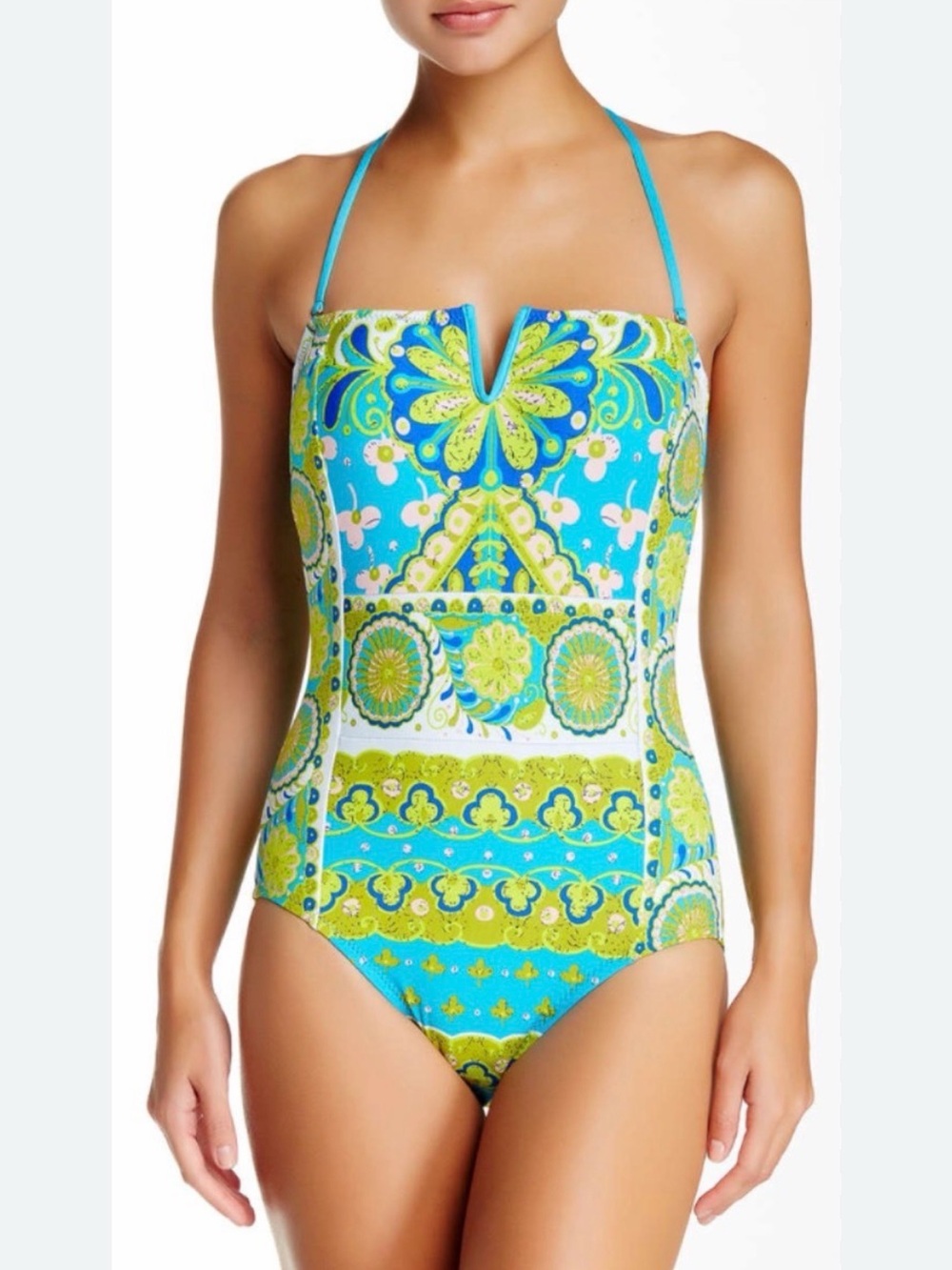 Trina Turk Woodblock Pool Multi Print Bandeau One PIece Swimsuit SZ 10